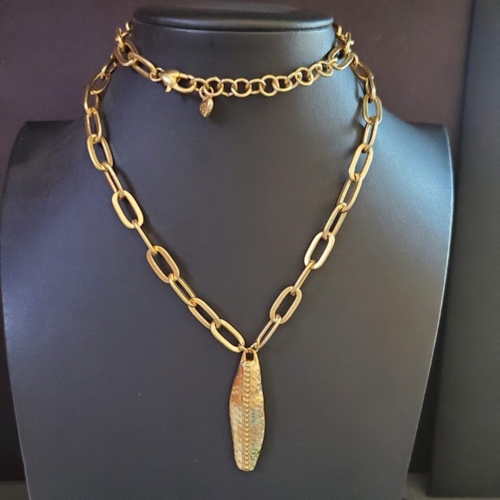 Brighton Gold Tone Hammered Leaf Pendant Paperclip Chain Necklace Statement Boho